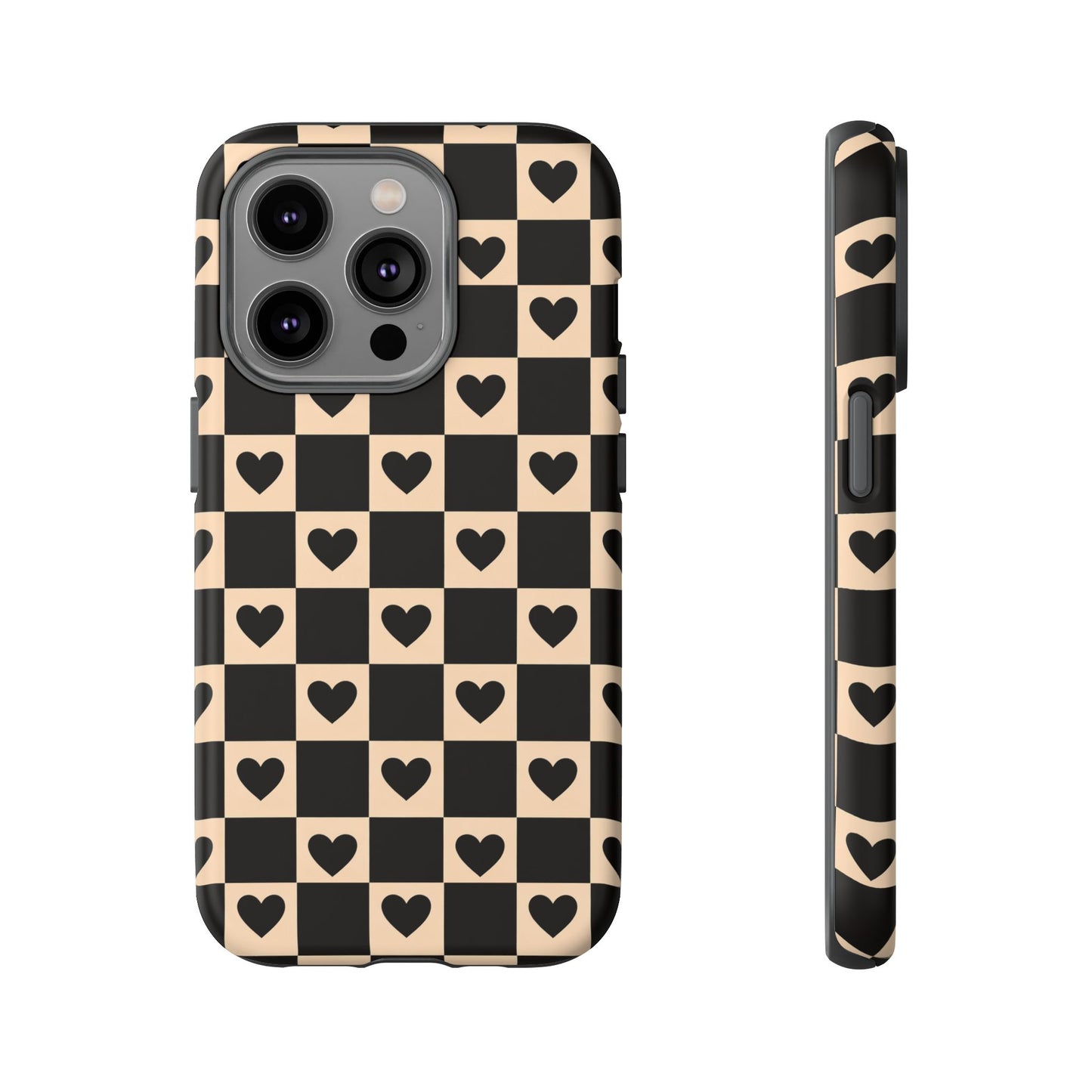 Checkerboard Heart Phone Case – Black & Beige Cute Aesthetic Protective Cover for Iphone, Samsung Galaxy and Pixel