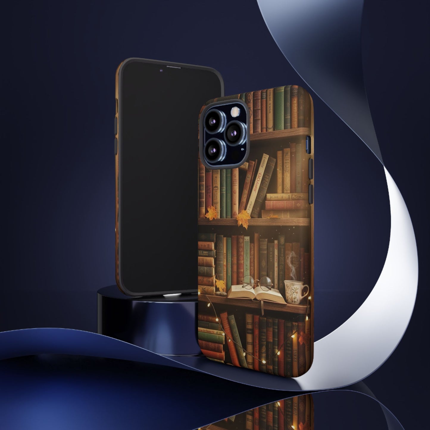 Cozy Vintage Bookshelf Phone Case, Library Aesthetic Book Stack, Autumn Coffee Vibes (iPhone, Samsung, Pixel)