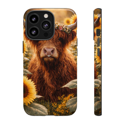 Highland Cow Sunflower Phone Case | Floral Farmhouse iPhone, Samsung Galaxy and Pixel Cover