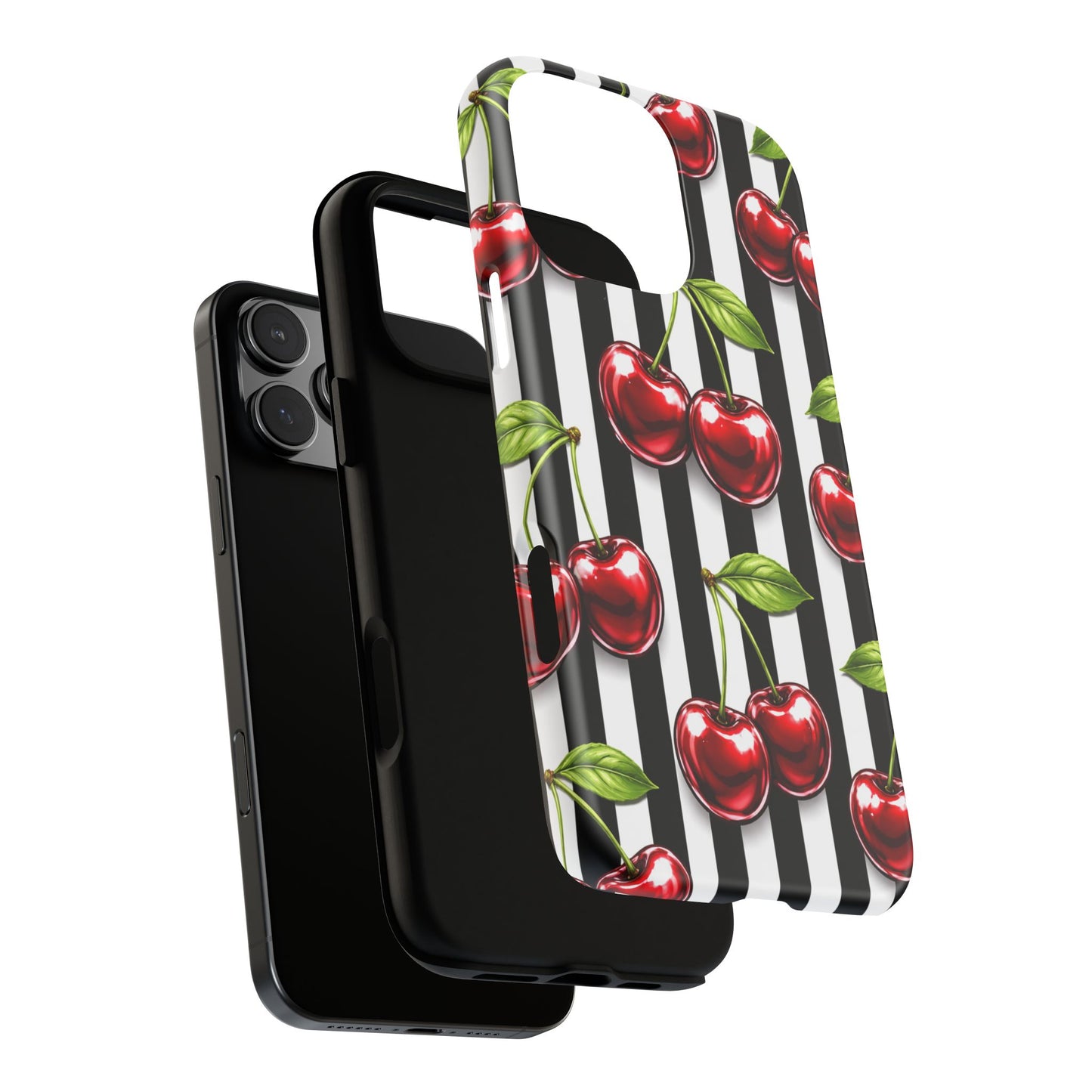 Cherry Pattern Phone Case Black White Stripe Retro Aesthetic Tough Cover