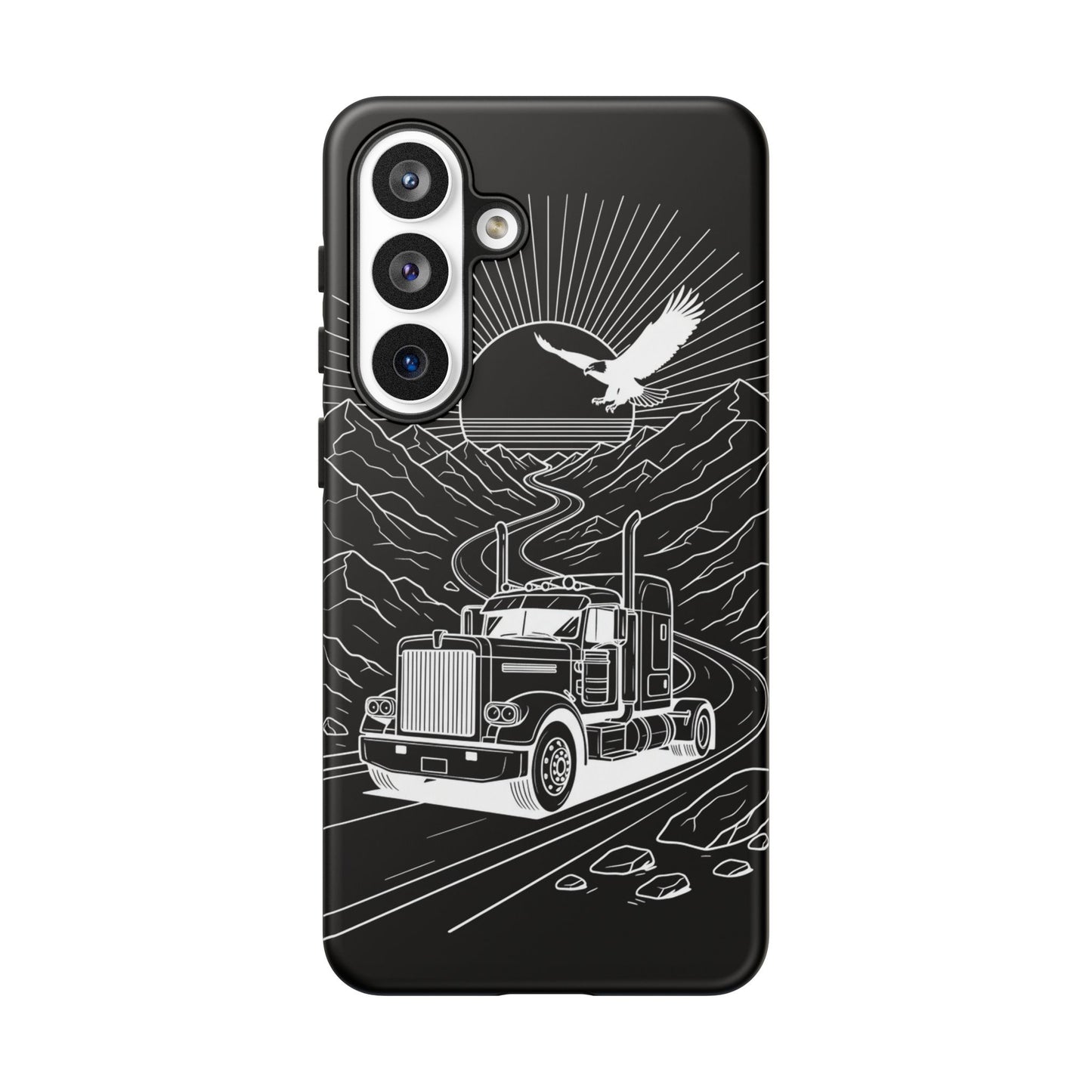 Trucker Highway Phone Case | Eagle & Mountain Line Art | Black Western Tough Case