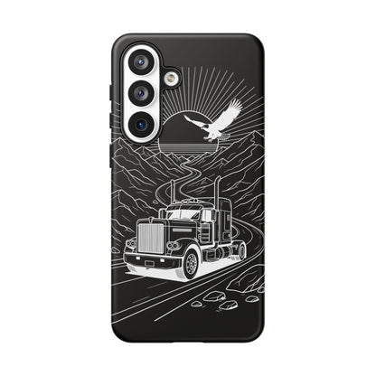 Trucker Highway Phone Case | Eagle & Mountain Line Art | Black Western Tough Case
