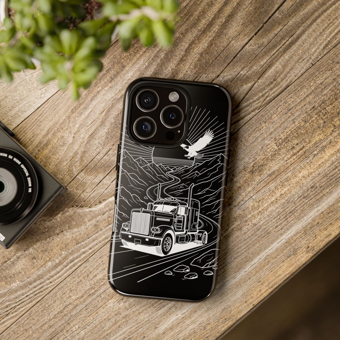 Trucker Highway Phone Case | Eagle & Mountain Line Art | Black Western Tough Case