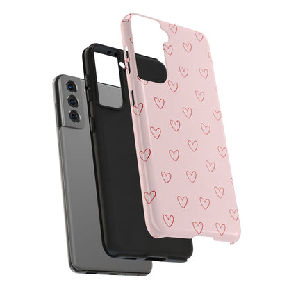 Pink Doodle Hearts Phone Case | Minimal Cute Heart Pattern Tough Case