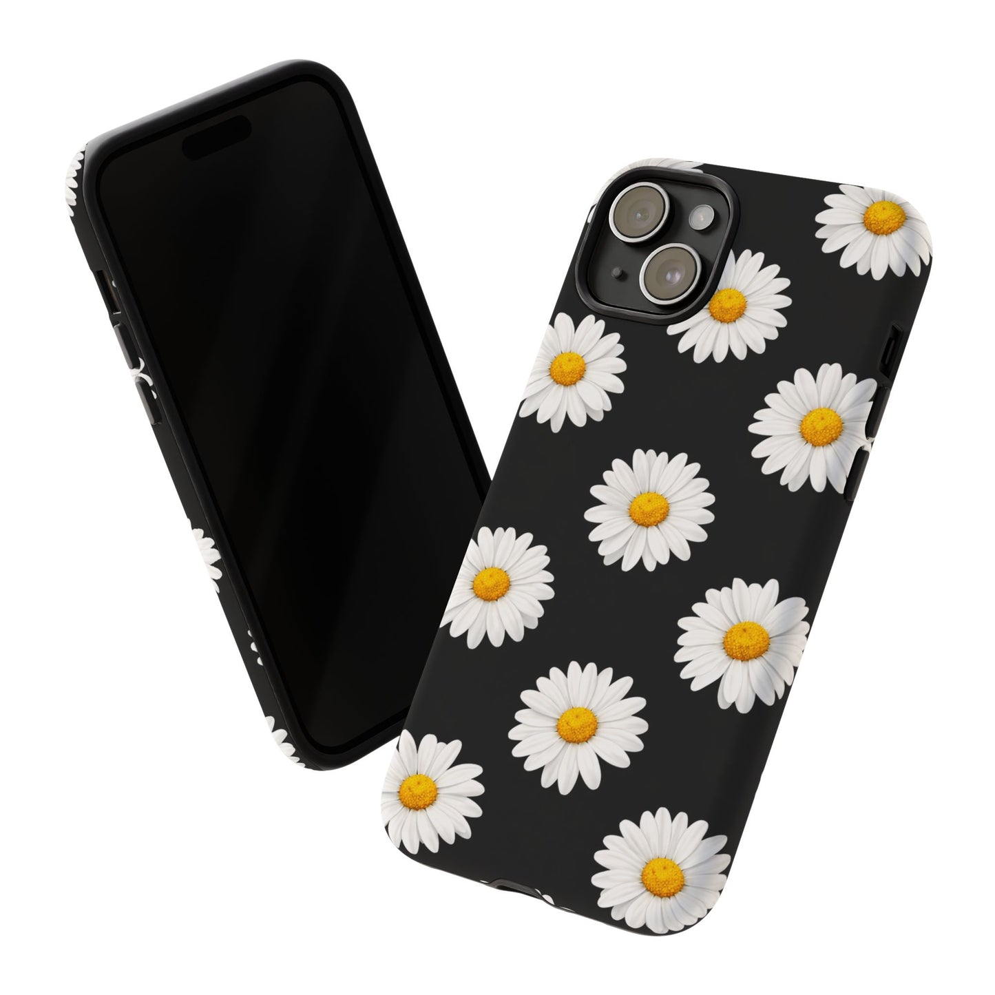 Black Daisy Floral Tough Phone Case – Cute Protective Cover for Iphone, Samsung Galaxy and Pixel