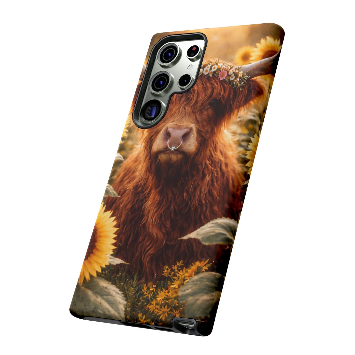 Highland Cow Sunflower Phone Case | Floral Farmhouse iPhone, Samsung Galaxy and Pixel Cover