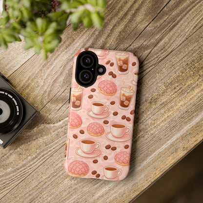 Cute Coffee & Pink Concha Phone Case – Coffee Lover Aesthetic Latte Pattern Tough Case