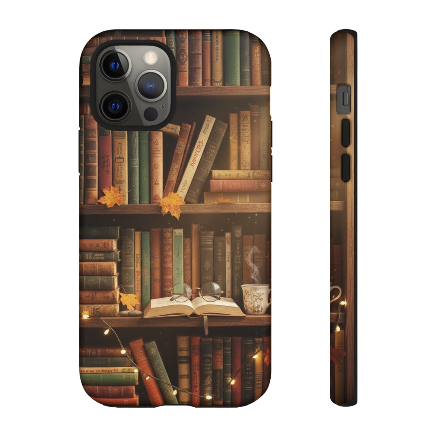 Cozy Vintage Bookshelf Phone Case, Library Aesthetic Book Stack, Autumn Coffee Vibes (iPhone, Samsung, Pixel)