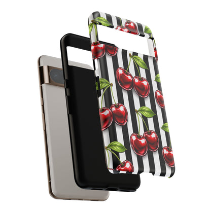 Cherry Pattern Phone Case Black White Stripe Retro Aesthetic Tough Cover
