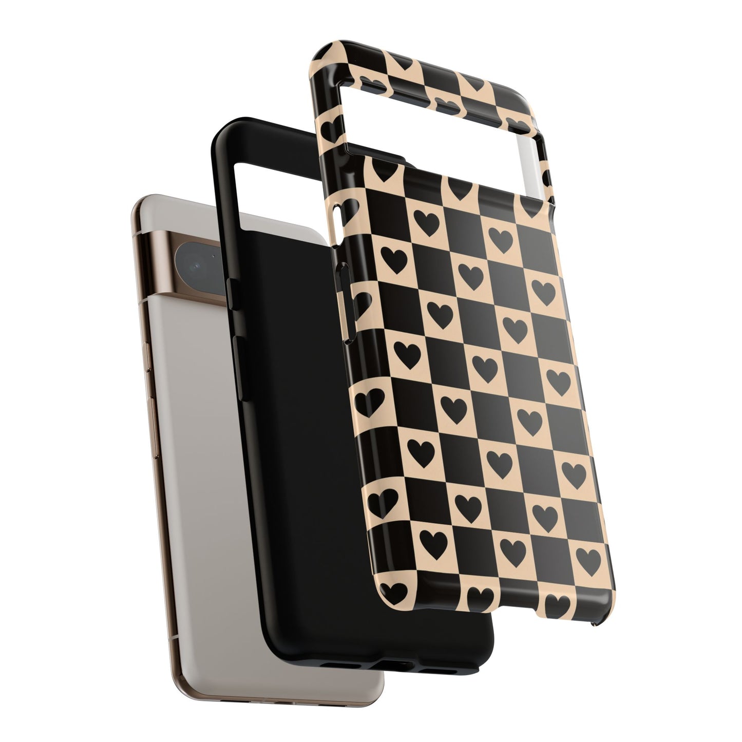 Checkerboard Heart Phone Case – Black & Beige Cute Aesthetic Protective Cover for Iphone, Samsung Galaxy and Pixel