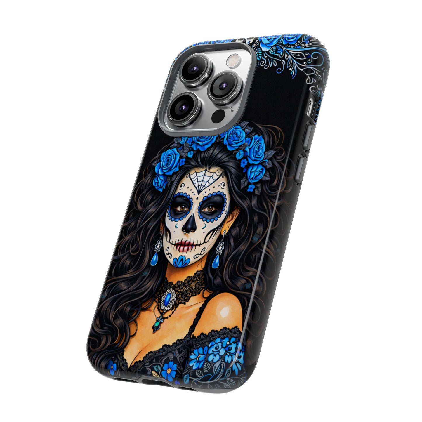 Blue Sugar Skull Woman Phone Case – Day of the Dead Aesthetic Tough Cover