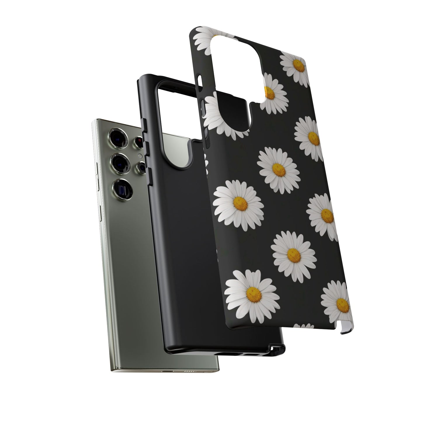Black Daisy Floral Tough Phone Case – Cute Protective Cover for Iphone, Samsung Galaxy and Pixel