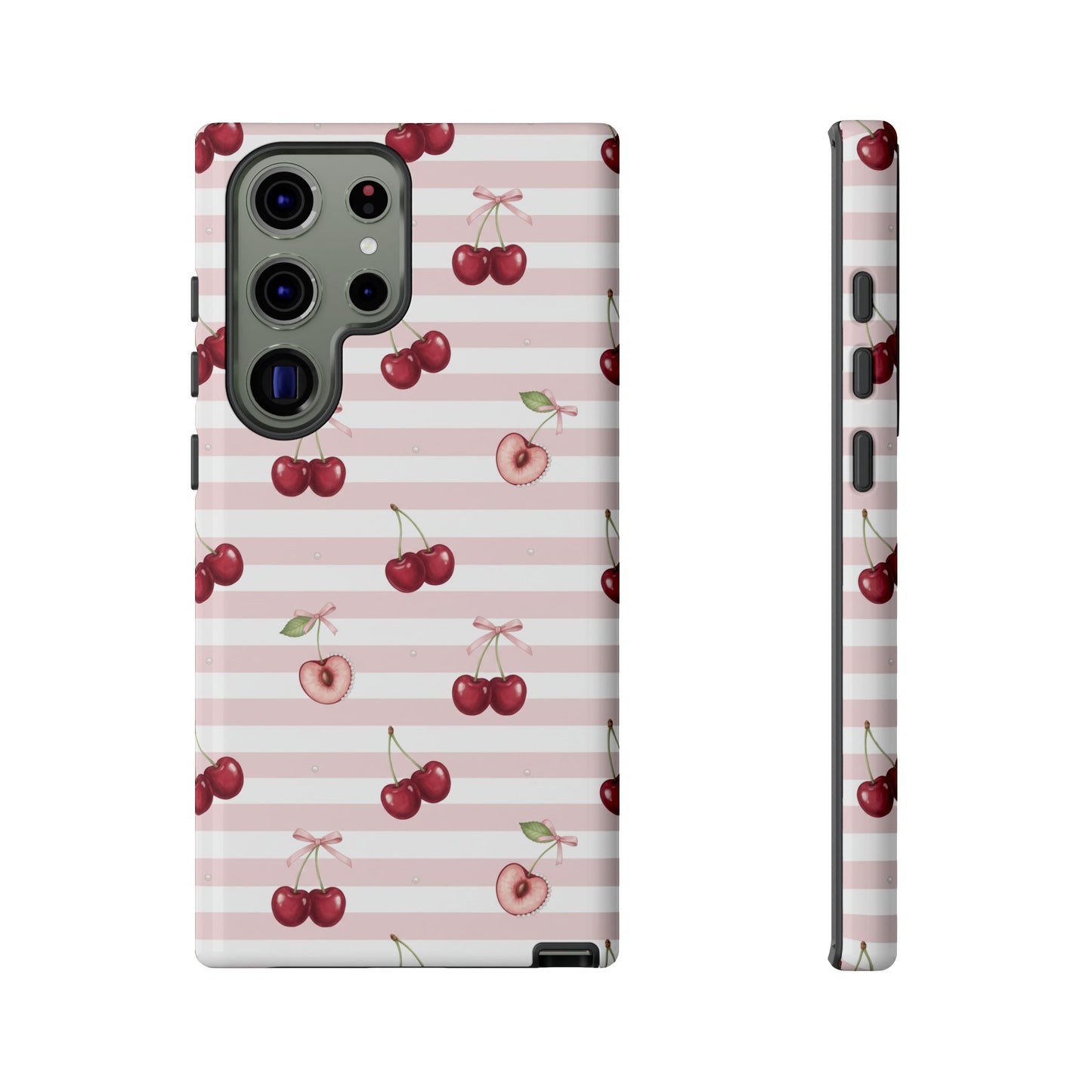 Pink Cherry Stripe Phone Case | Cute Coquette Aesthetic Protective Tough Case