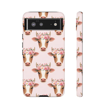 Floral Cow Phone Case – Cute Pink Cow Print Tough Protective Case for Iphone, Samsung Galaxy and Pixel