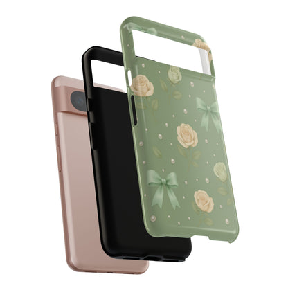 Vintage Rose Bow Phone Case – Sage Green Floral Coquette Aesthetic Tough Case (iPhone, Samsung, Pixel)