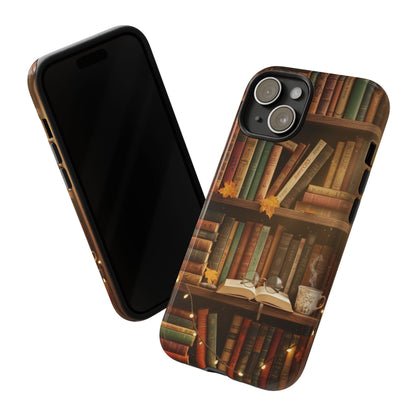 Cozy Vintage Bookshelf Phone Case, Library Aesthetic Book Stack, Autumn Coffee Vibes (iPhone, Samsung, Pixel)