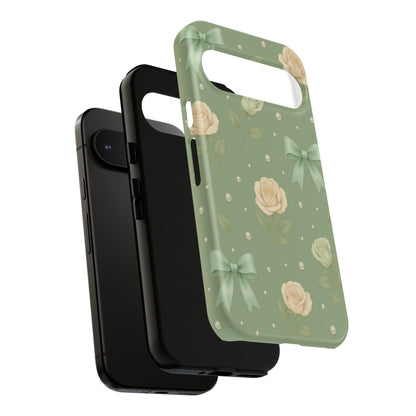 Vintage Rose Bow Phone Case – Sage Green Floral Coquette Aesthetic Tough Case (iPhone, Samsung, Pixel)