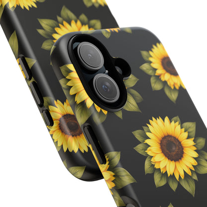 Sunflower Floral Tough Phone Case – Black Background Protective Cover for Iphone, Samsung Galaxy and Pixel