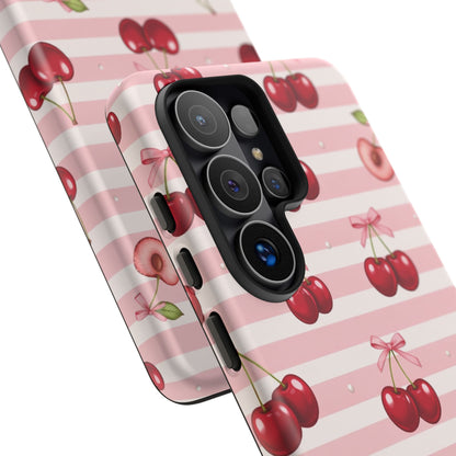 Coquette Cherry Bow Phone Case | Cute Pink Aesthetic Cherry Pattern Tough Case for iPhone & Samsung