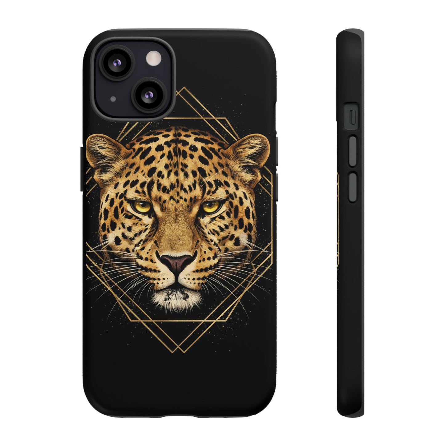 Leopard Head Geometric Phone Case – Black & Gold Luxe Tough Case
