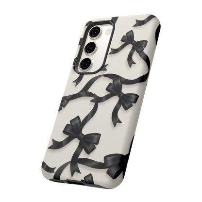 Black Ribbon Bow Phone Case, Minimal Bow Pattern Tough Protective Case