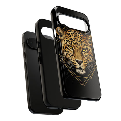 Leopard Head Geometric Phone Case – Black & Gold Luxe Tough Case