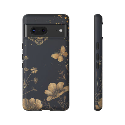 Gold Floral Butterfly Phone Case, Dark Aesthetic Botanical, Elegant Black Luxury iPhone Samsung Cover