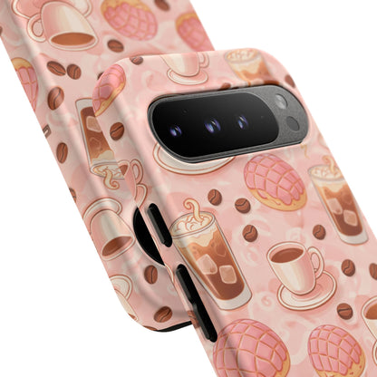 Cute Coffee & Pink Concha Phone Case – Coffee Lover Aesthetic Latte Pattern Tough Case