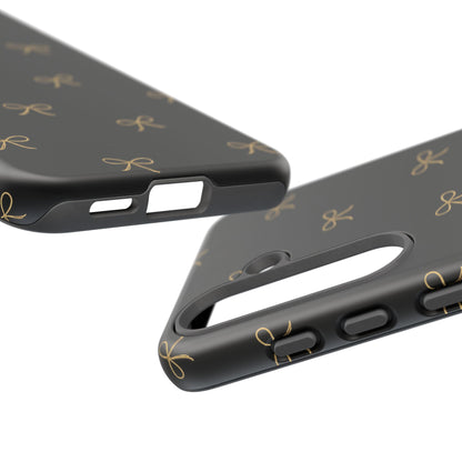 Black Phone Case with Gold Bow Pattern – Slim Protective Cute Aesthetic Cover for Iphone, Samsung Galaxy and Pixel