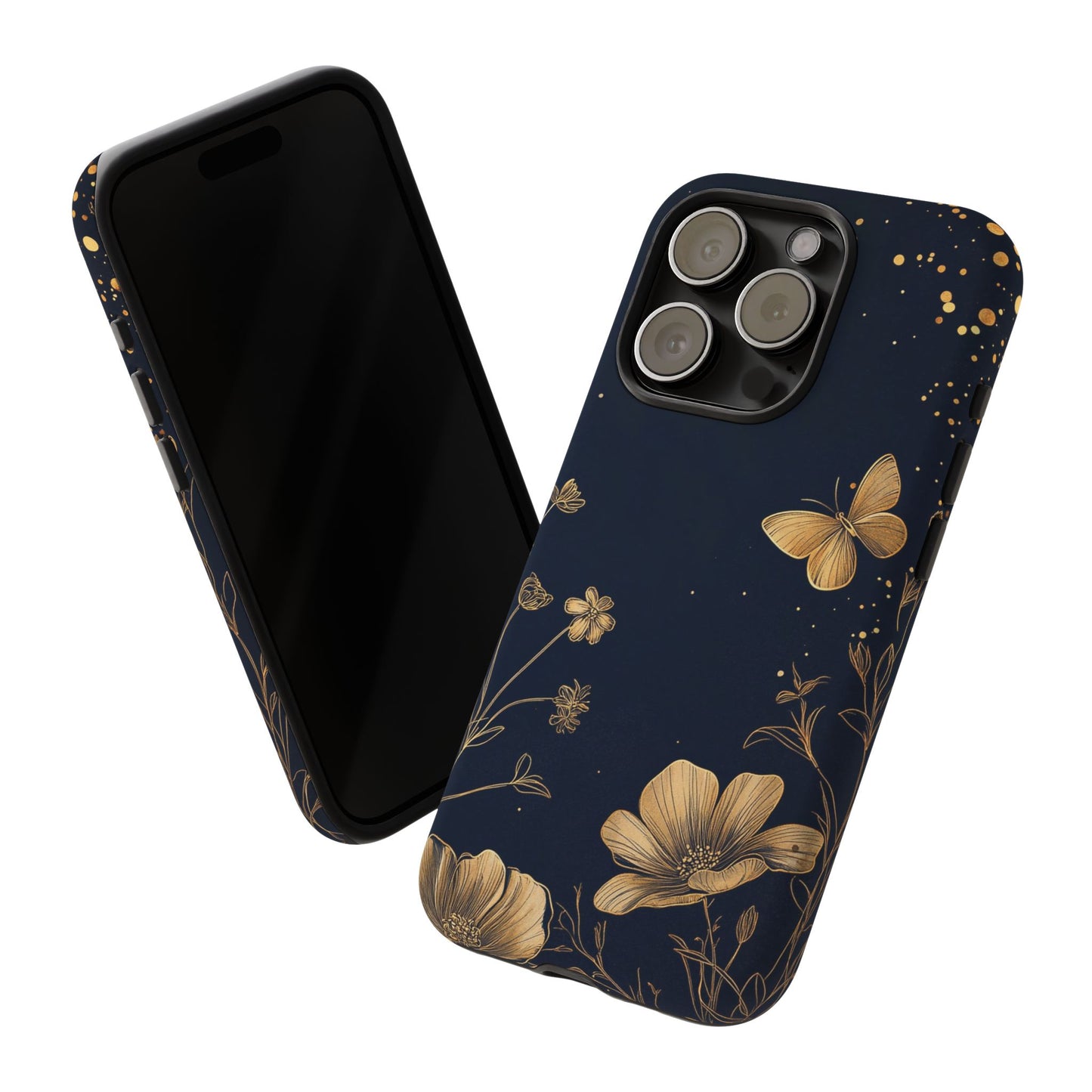Gold Floral Butterfly Phone Case, Dark Aesthetic Botanical, Elegant Black Luxury iPhone Samsung Cover