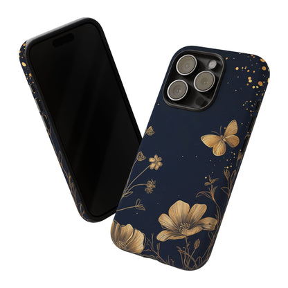 Gold Floral Butterfly Phone Case, Dark Aesthetic Botanical, Elegant Black Luxury iPhone Samsung Cover