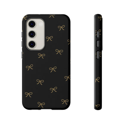 Black Phone Case with Gold Bow Pattern – Slim Protective Cute Aesthetic Cover for Iphone, Samsung Galaxy and Pixel