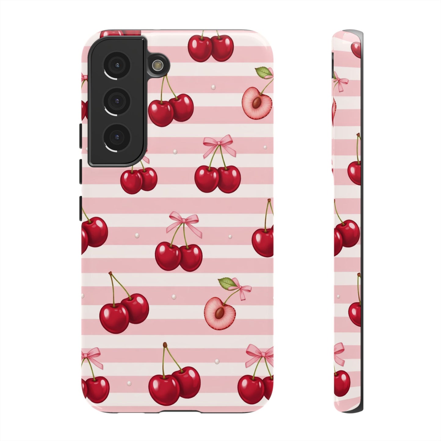 Coquette Cherry Bow Phone Case | Cute Pink Aesthetic Cherry Pattern Tough Case for iPhone & Samsung