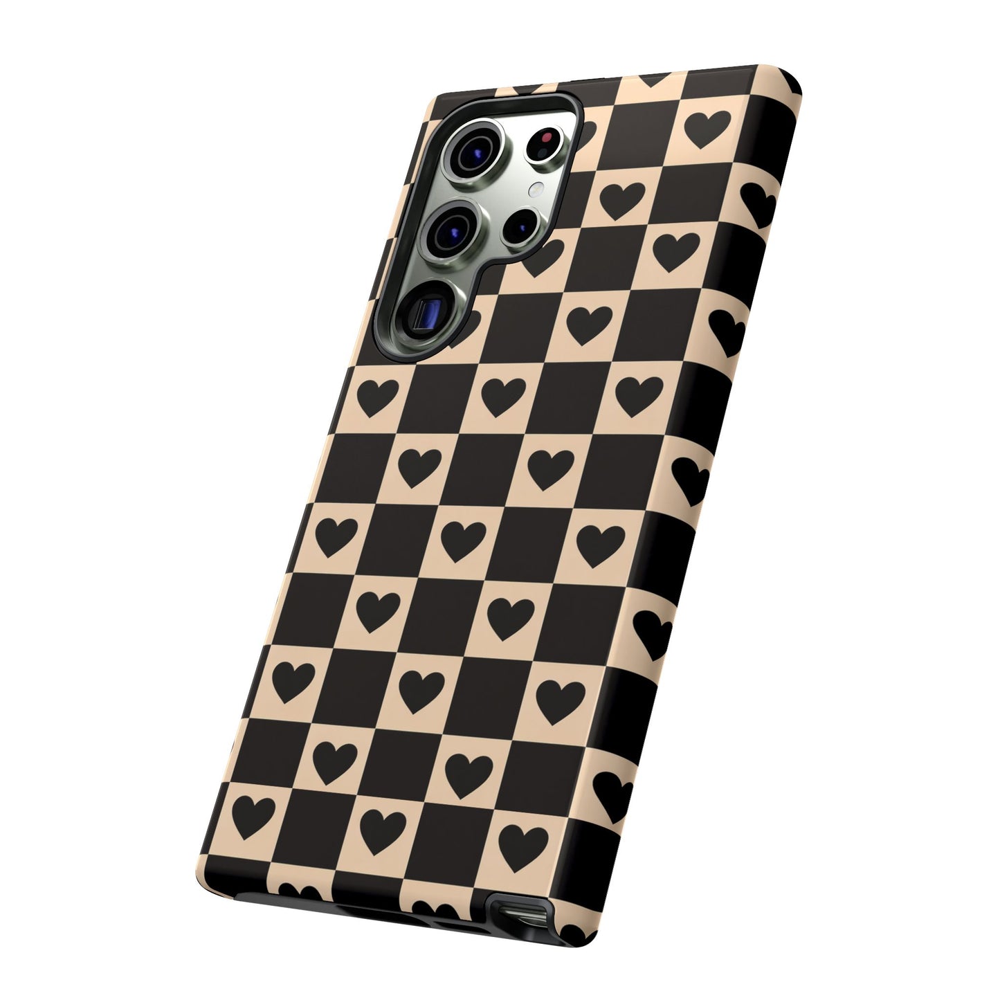 Checkerboard Heart Phone Case – Black & Beige Cute Aesthetic Protective Cover for Iphone, Samsung Galaxy and Pixel