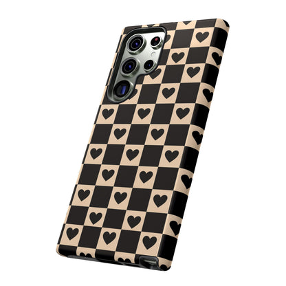 Checkerboard Heart Phone Case – Black & Beige Cute Aesthetic Protective Cover for Iphone, Samsung Galaxy and Pixel