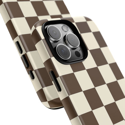 Mocha Checkerboard Phone Case | Neutral Aesthetic Checkered iPhone & Samsung Tough Case