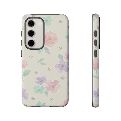 Pastel Floral Phone Case – Coquette Watercolor Flower Hearts Tough Case (iPhone, Samsung, Pixel)