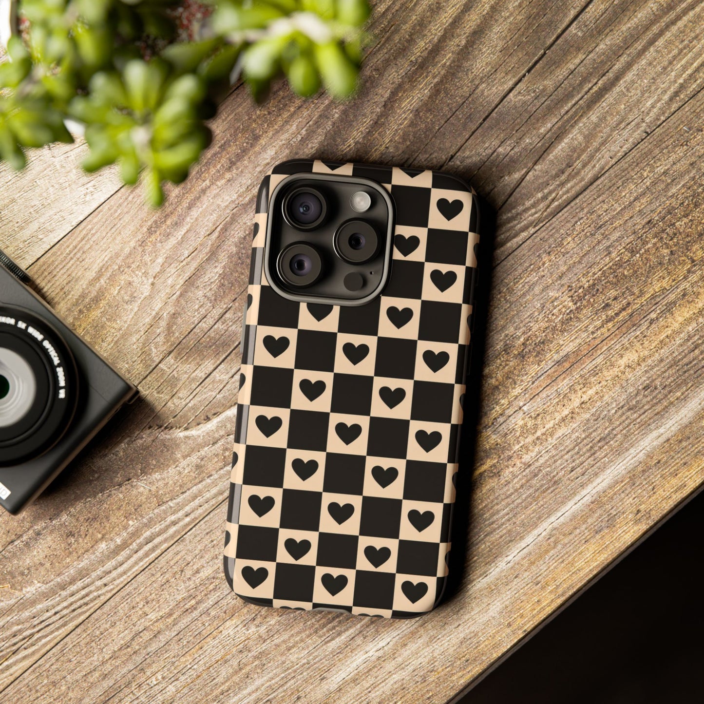 Checkerboard Heart Phone Case – Black & Beige Cute Aesthetic Protective Cover for Iphone, Samsung Galaxy and Pixel