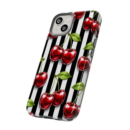 Cherry Pattern Phone Case Black White Stripe Retro Aesthetic Tough Cover