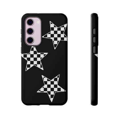 Checkered Star Tough Phone Case – Black Retro Graphic Protective Cover for Iphone, Samsung Galaxy and Pixel