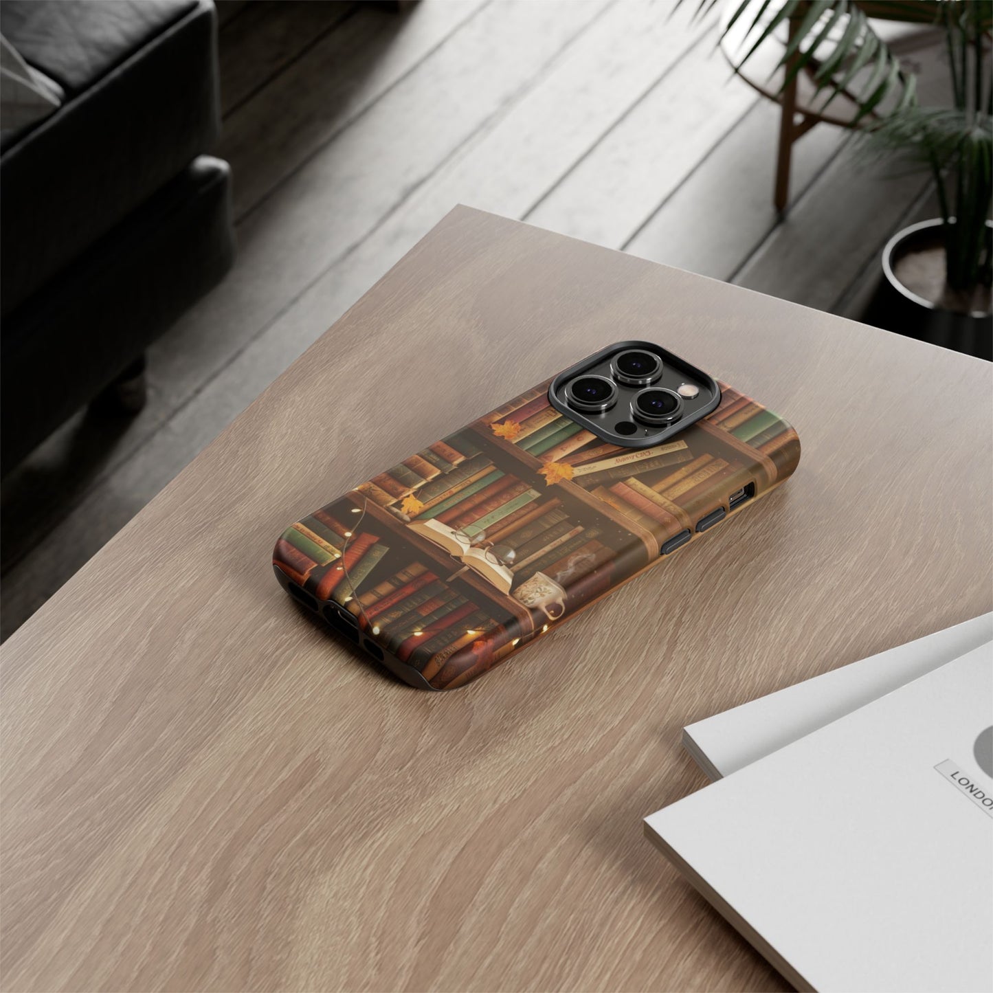 Cozy Vintage Bookshelf Phone Case, Library Aesthetic Book Stack, Autumn Coffee Vibes (iPhone, Samsung, Pixel)