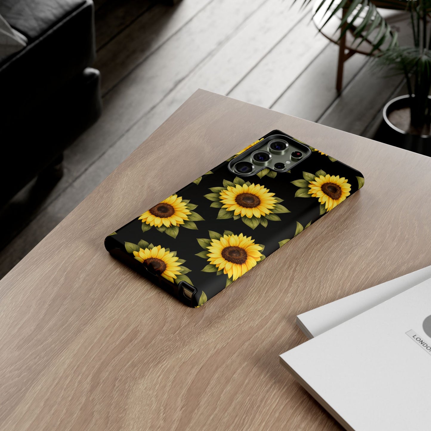 Sunflower Floral Tough Phone Case – Black Background Protective Cover for Iphone, Samsung Galaxy and Pixel