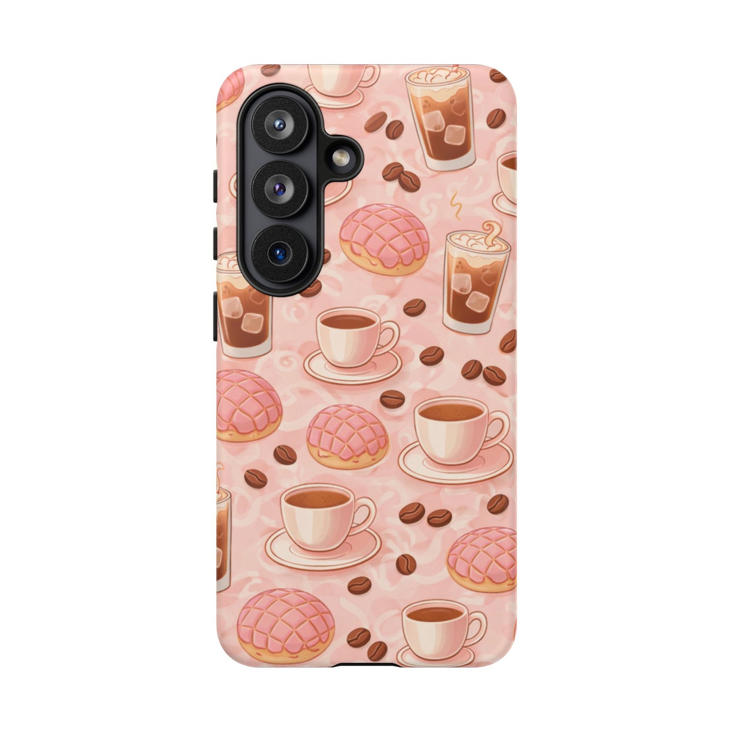 Cute Coffee & Pink Concha Phone Case – Coffee Lover Aesthetic Latte Pattern Tough Case