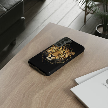 Leopard Head Geometric Phone Case – Black & Gold Luxe Tough Case