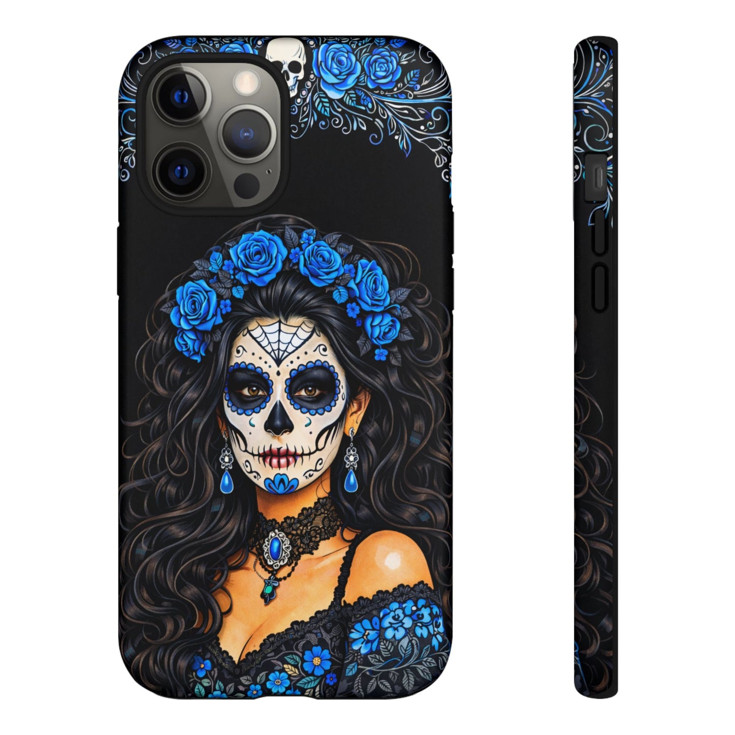 Blue Sugar Skull Woman Phone Case – Day of the Dead Aesthetic Tough Cover