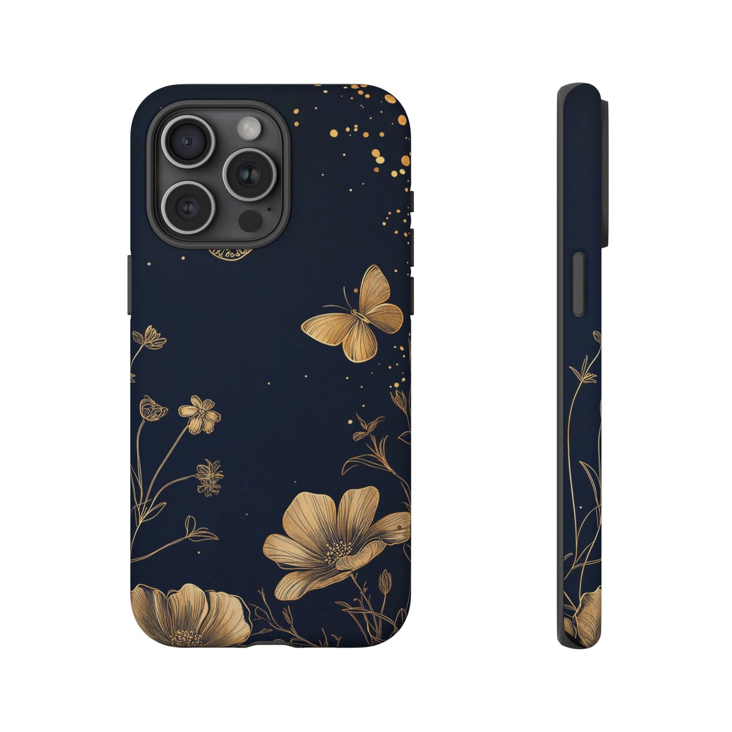 Gold Floral Butterfly Phone Case, Dark Aesthetic Botanical, Elegant Black Luxury iPhone Samsung Cover