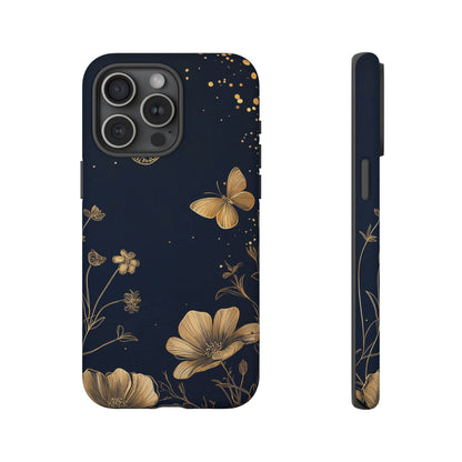 Gold Floral Butterfly Phone Case, Dark Aesthetic Botanical, Elegant Black Luxury iPhone Samsung Cover