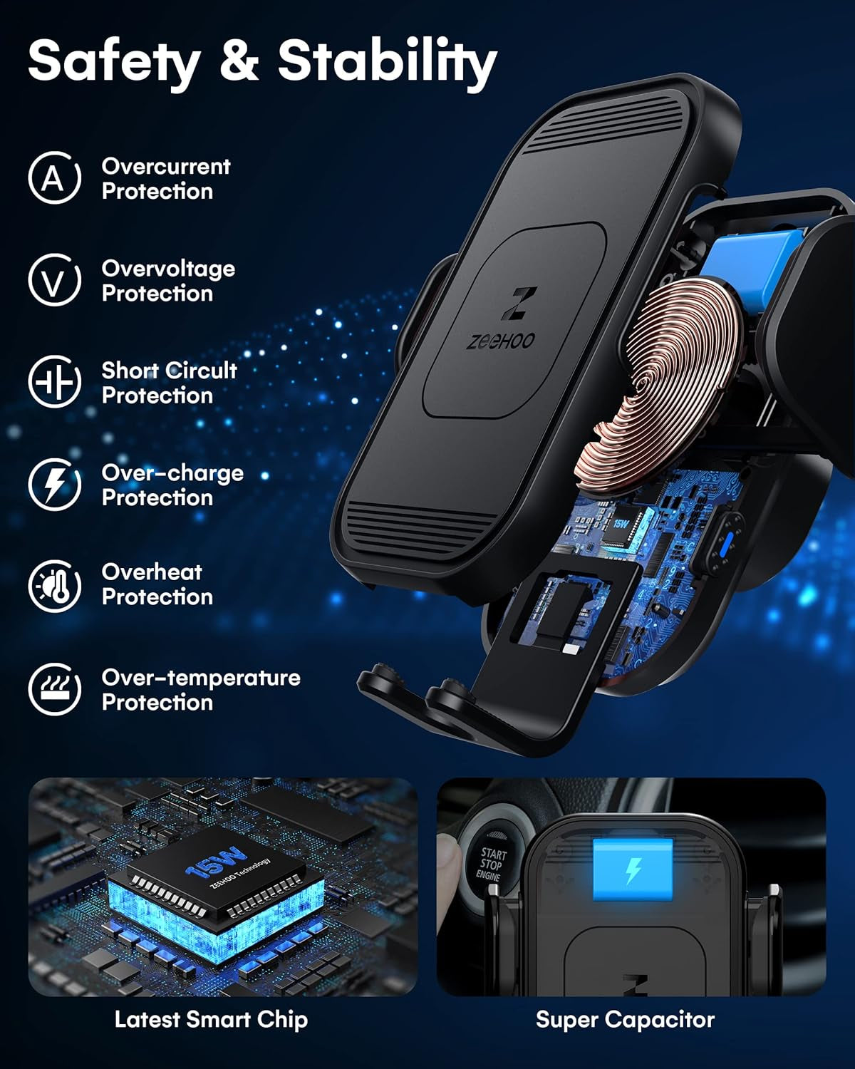 Wireless Car Charger, 15W Fast Charging, Auto Clamping Car Phone Mount, Cell Phone Holder Charger, for Iphone 15 14 13 12 11 Pro Max Xs, Etc. (Black)