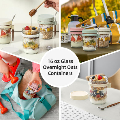 4 Pack Overnight Oats Containers with Lids and Spoons, 16 Oz Glass Mason Jars with Airtight Lids, Overnight Oats Jars for Milk, Cereal, Fruit