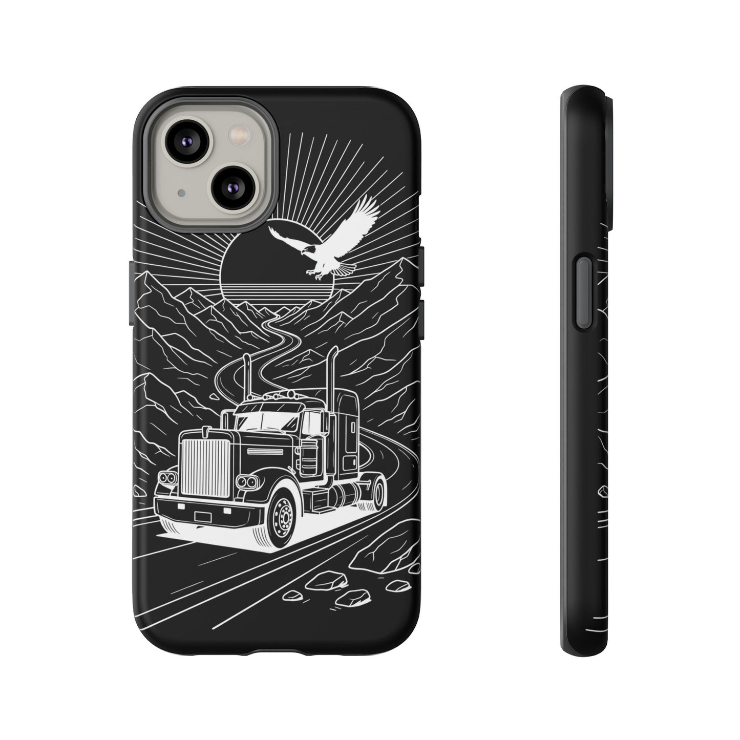 Trucker Highway Phone Case | Eagle & Mountain Line Art | Black Western Tough Case